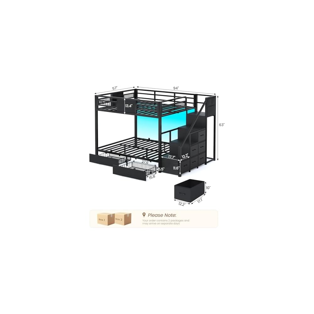 BTHFST Bunk Bed Full Over Full with Stairs, Storage Drawers and LED Lights
