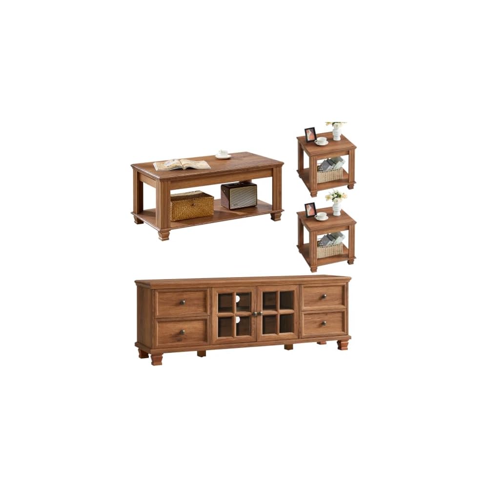 SAVOR LIFE Farmhouse TV Stand and Coffee Table Set 4 Piece, Black