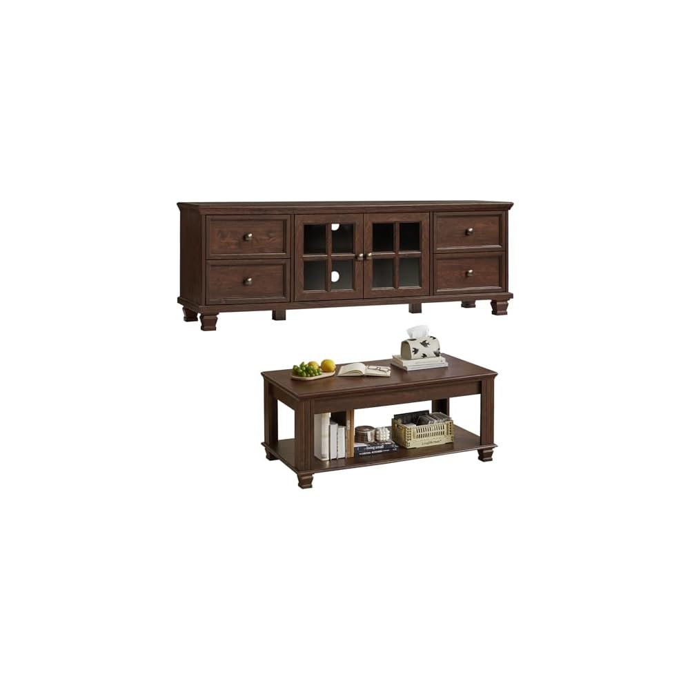 SAVOR LIFE Farmhouse TV Stand and Coffee Table Set 4 Piece, Black