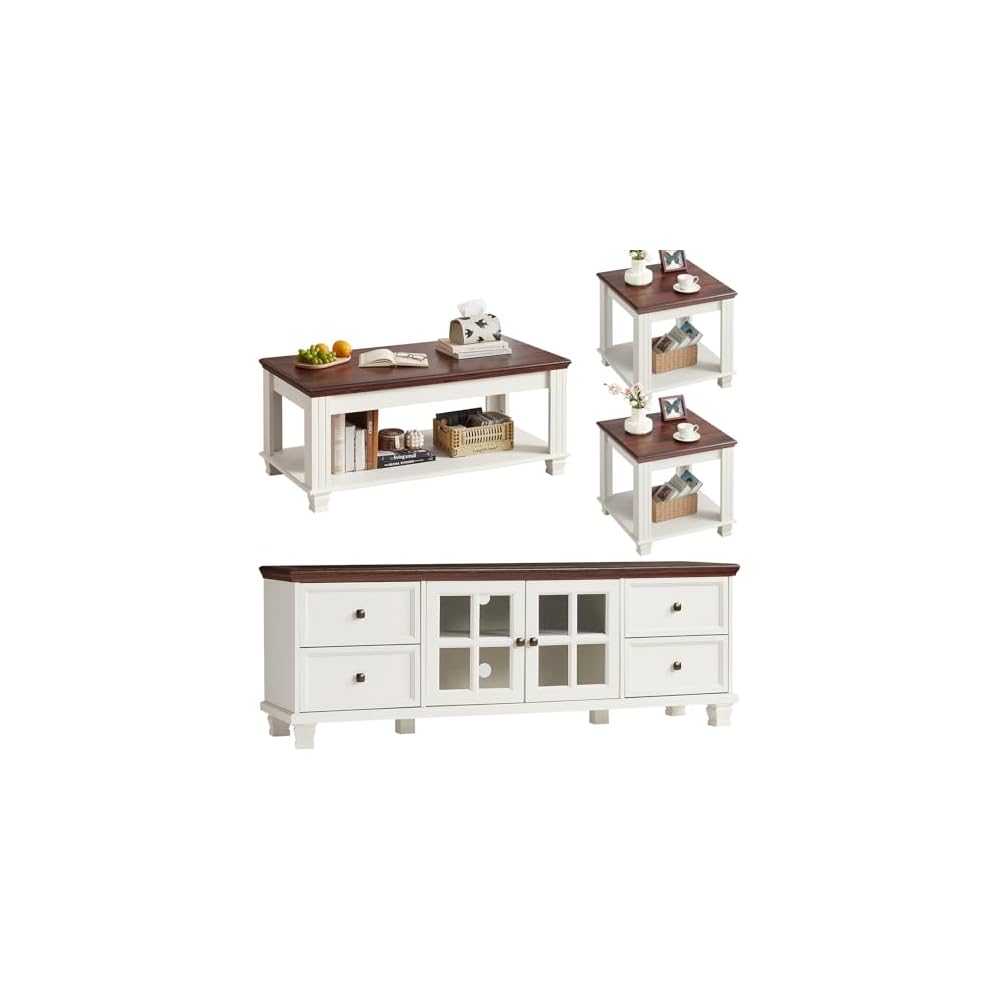 SAVOR LIFE Farmhouse TV Stand and Coffee Table Set 4 Piece, Black