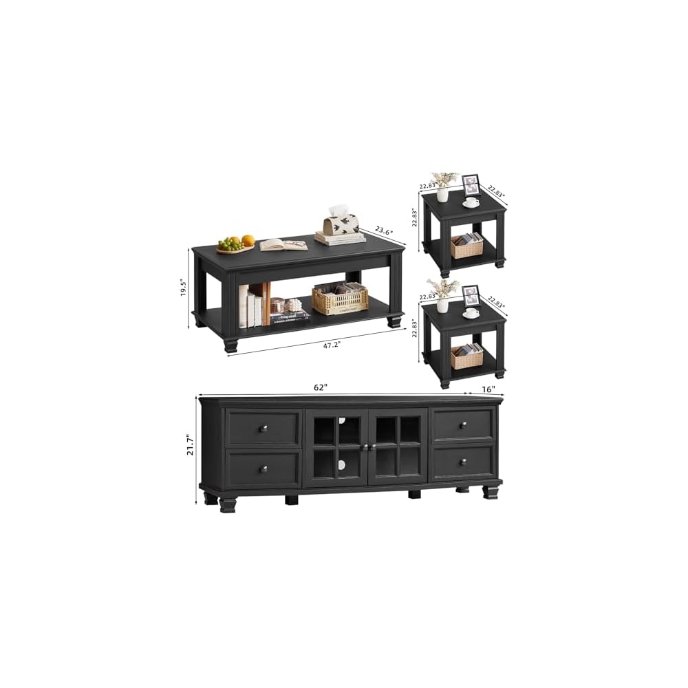 SAVOR LIFE Farmhouse TV Stand and Coffee Table Set 4 Piece, Black