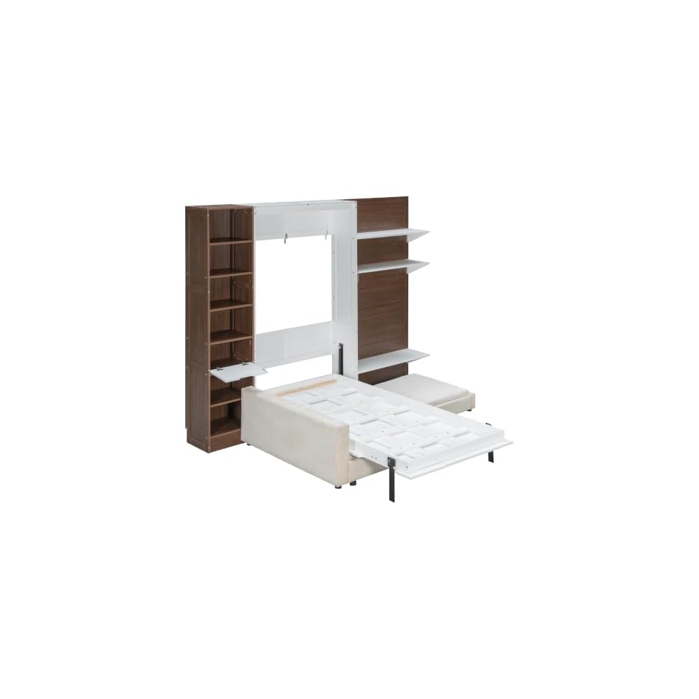 Twin Murphy Bed, with Storage Cabinet, Open Shelving & USB Port, White