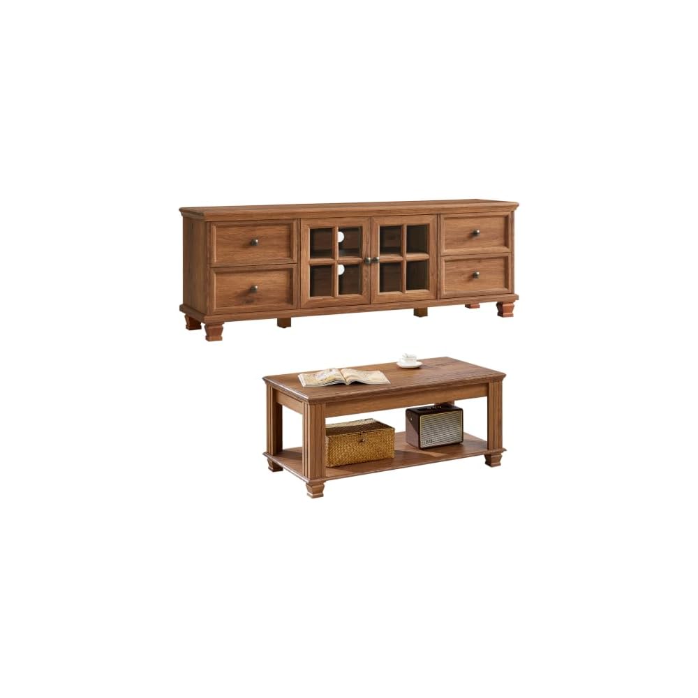 SAVOR LIFE Farmhouse TV Stand and Coffee Table Set 4 Piece, Black