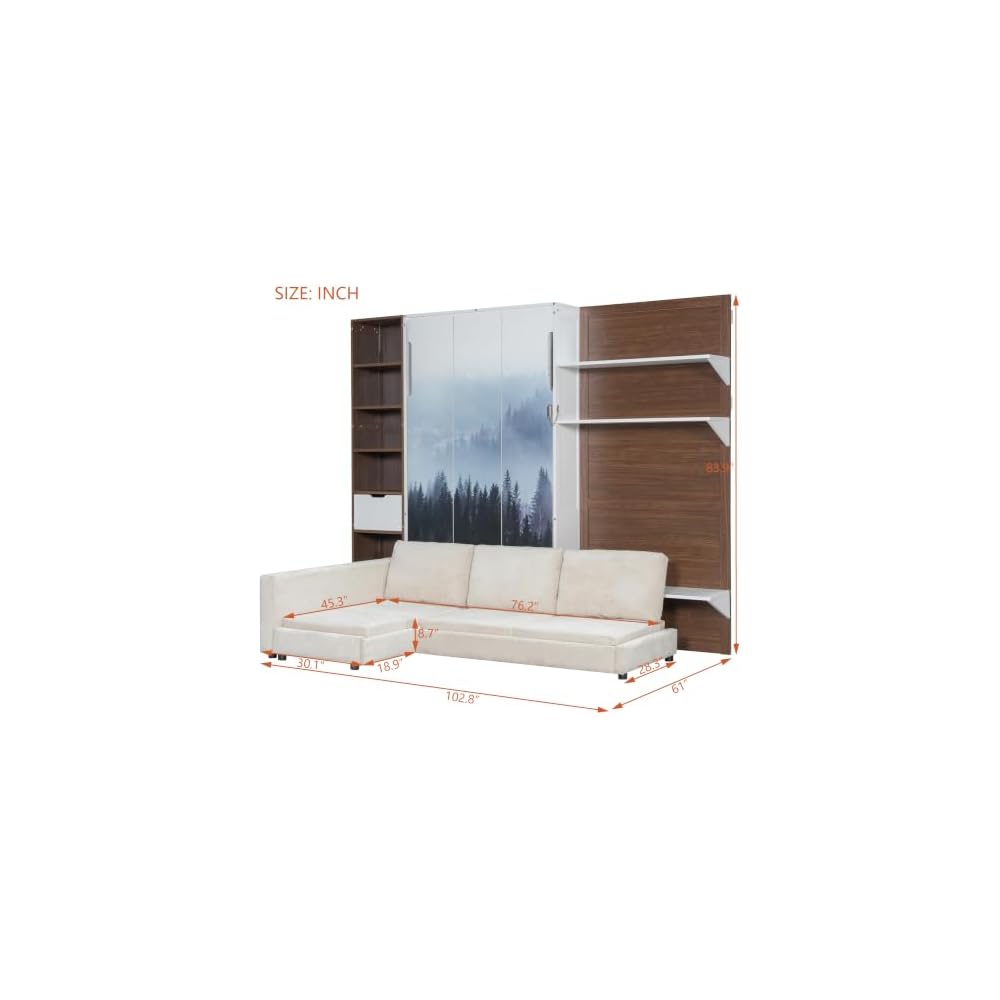 Twin Murphy Bed, with Storage Cabinet, Open Shelving & USB Port, White