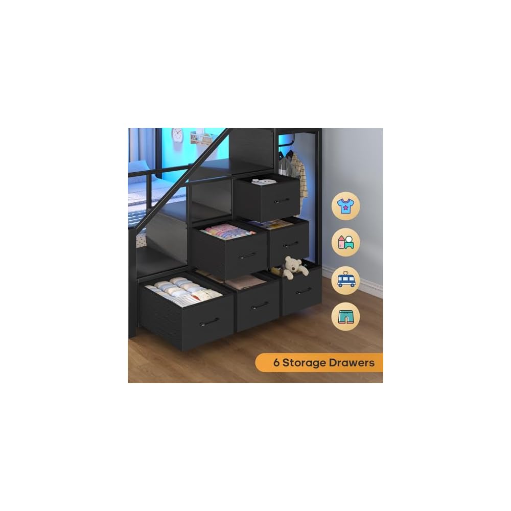 BTHFST Bunk Bed Full Over Full with Stairs, Storage Drawers and LED Lights