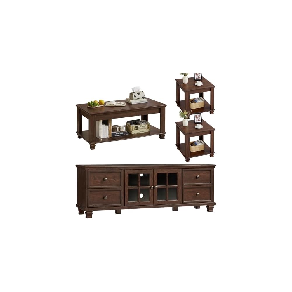 SAVOR LIFE Farmhouse TV Stand and Coffee Table Set 4 Piece, Black