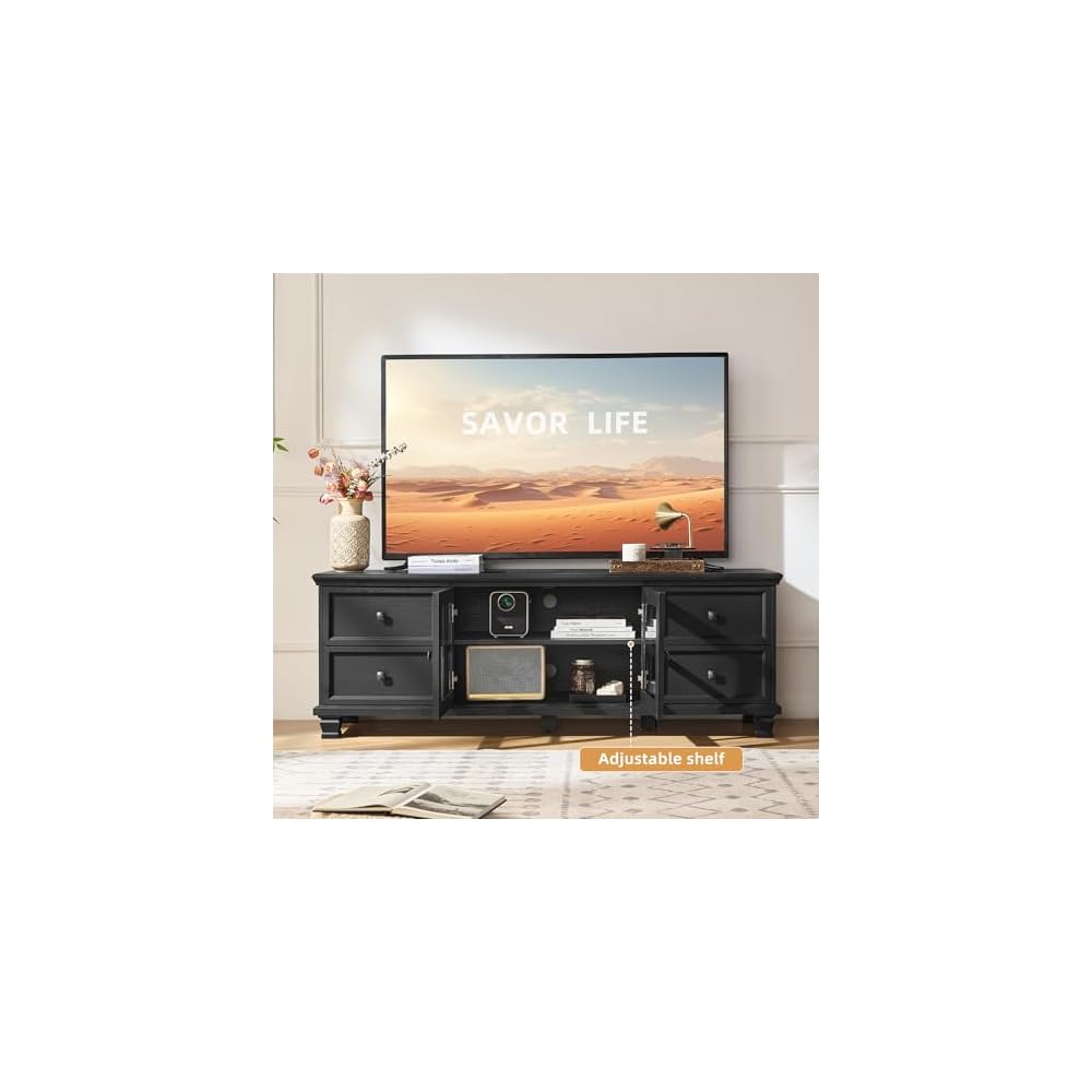 SAVOR LIFE Farmhouse TV Stand and Coffee Table Set 4 Piece, Black