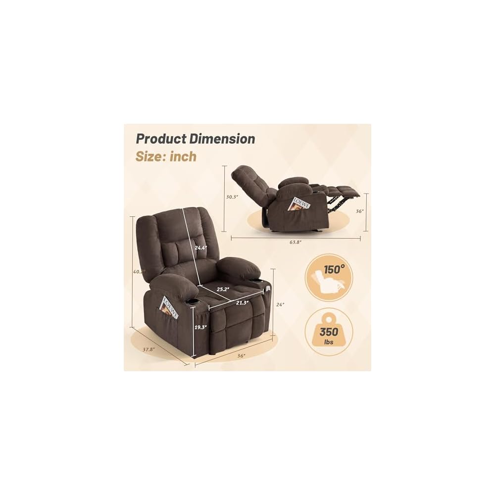 Rocker Recliner Chair with Massage and Heat, Nursery Rocking Chairs for Living Room, Comfy Relining Chair with Cup Holders, USB Charge Port, Side Pockets, Ergonomic Single Sofa, Brown