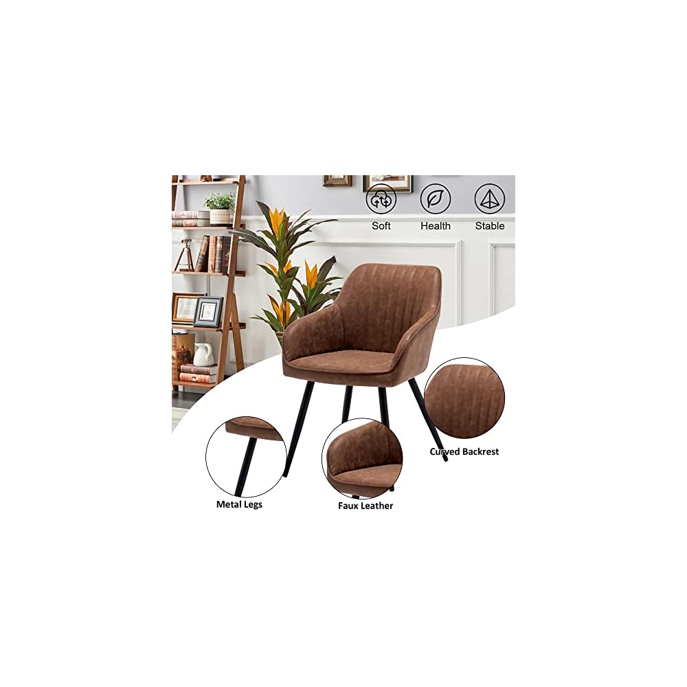 annjoe Faux Leather Accent Arm Chairs for Living Room Leisures/ Upholstered Chair with Metal Legs Set of 2 for Home Kitchen Office Bistro Cafe, Brown