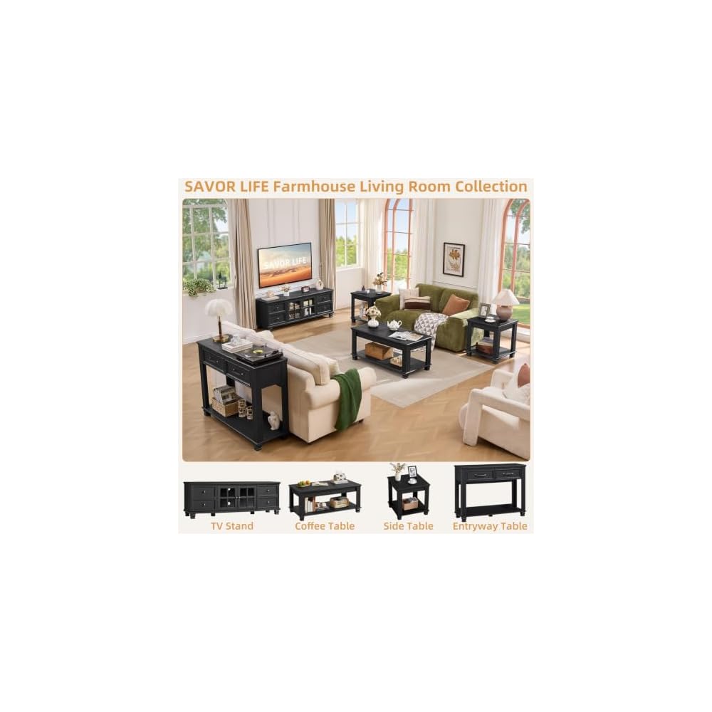 SAVOR LIFE Farmhouse TV Stand and Coffee Table Set 4 Piece, Black