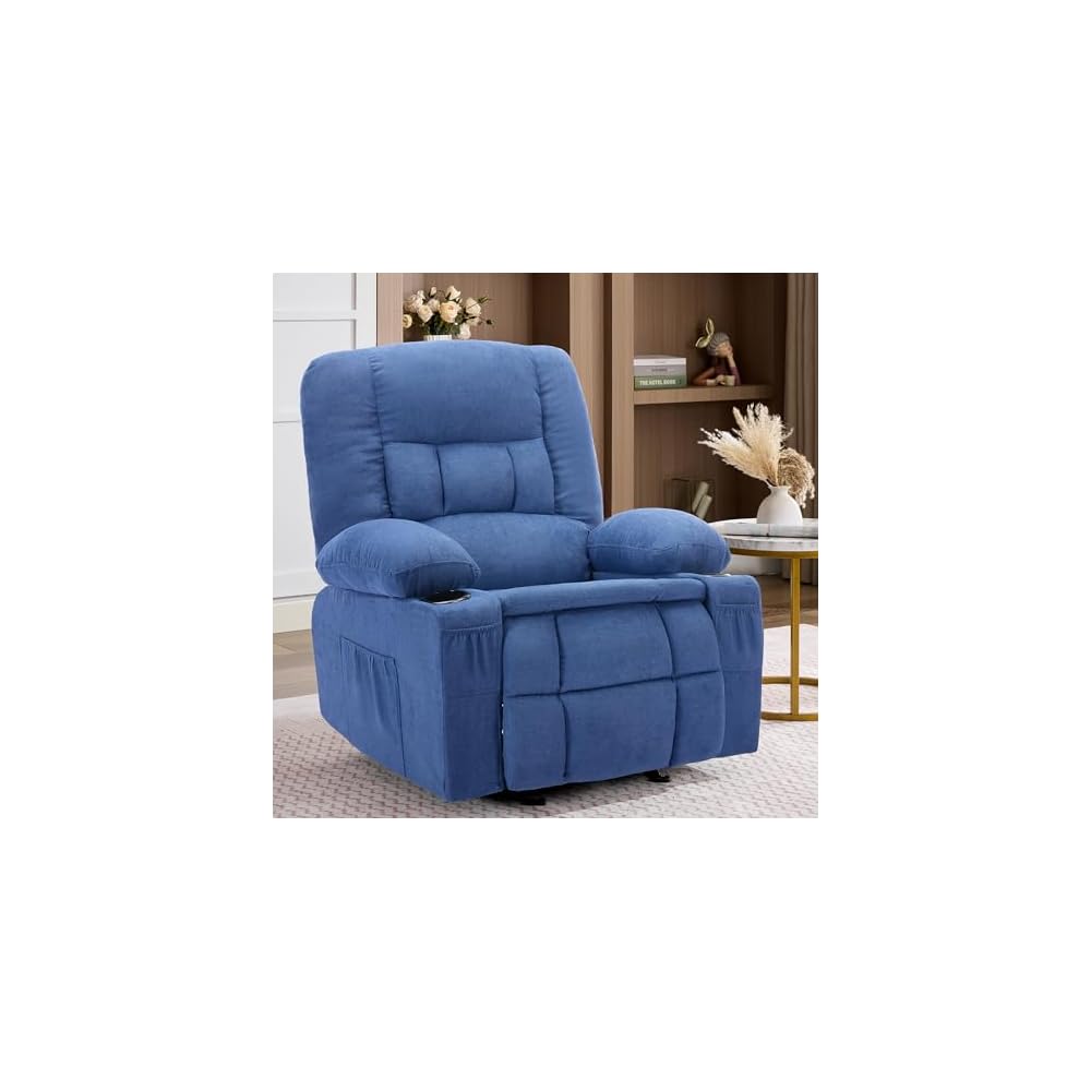 Rocker Recliner Chair with Massage and Heat, Nursery Rocking Chairs for Living Room, Comfy Relining Chair with Cup Holders, USB Charge Port, Side Pockets, Ergonomic Single Sofa, Brown