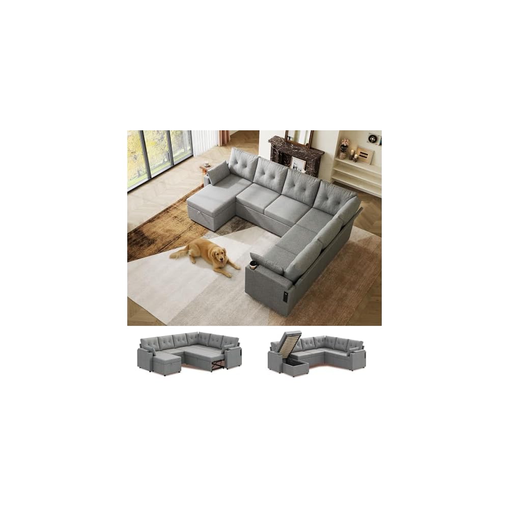 WLIVE 110'' Sectional Couches for Living Room, Pull Out Couch, U Shape 7 Seat Sleeper Sofa with Storage Chaise and Pillows, Removable Sofa Cover, Cups Holders, USB Charging Station, Grey