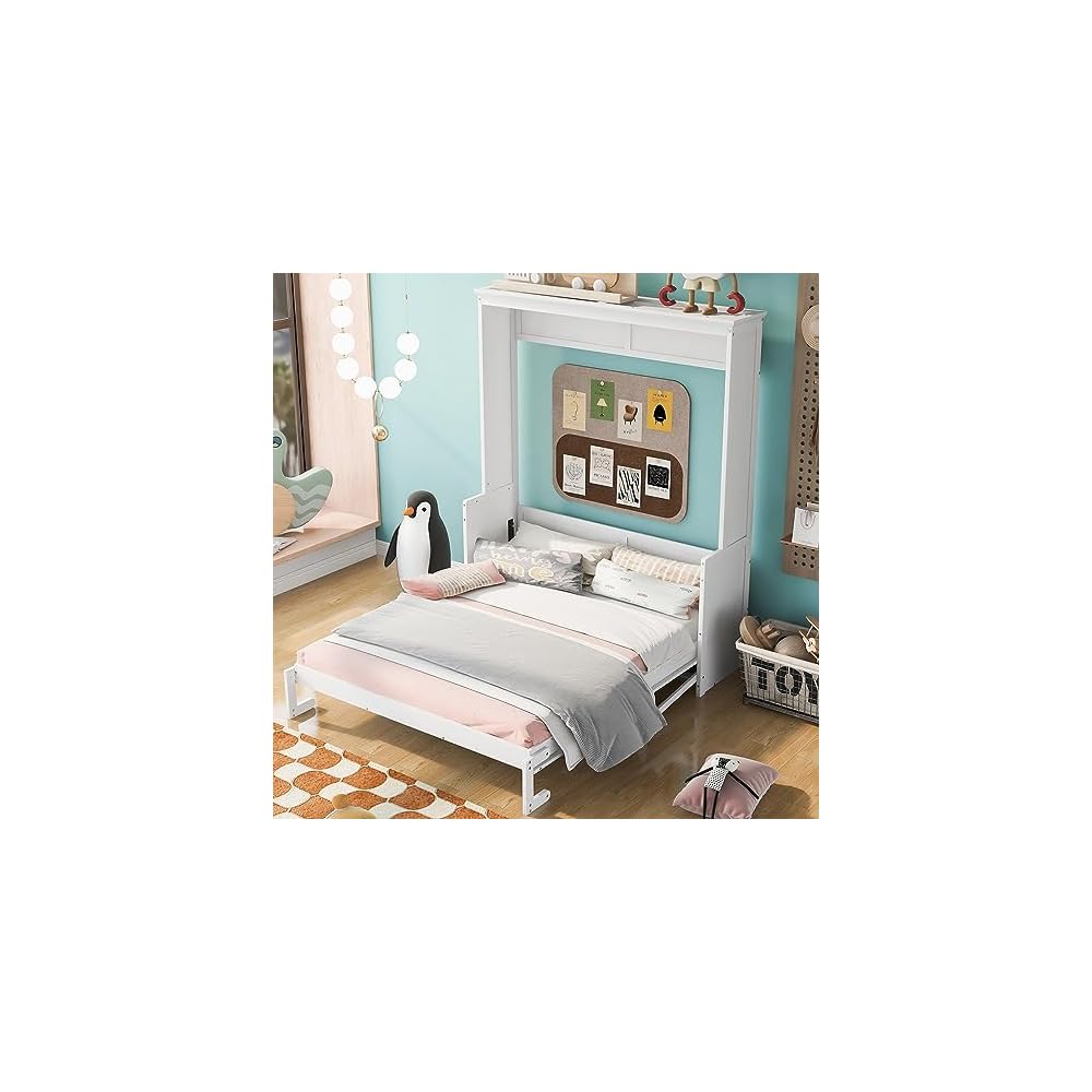 Merax Queen Size Murphy Bed Space-Saving Wooden Wall Bed with a Shelf for Guest Room,Home Office,Bedroom,White