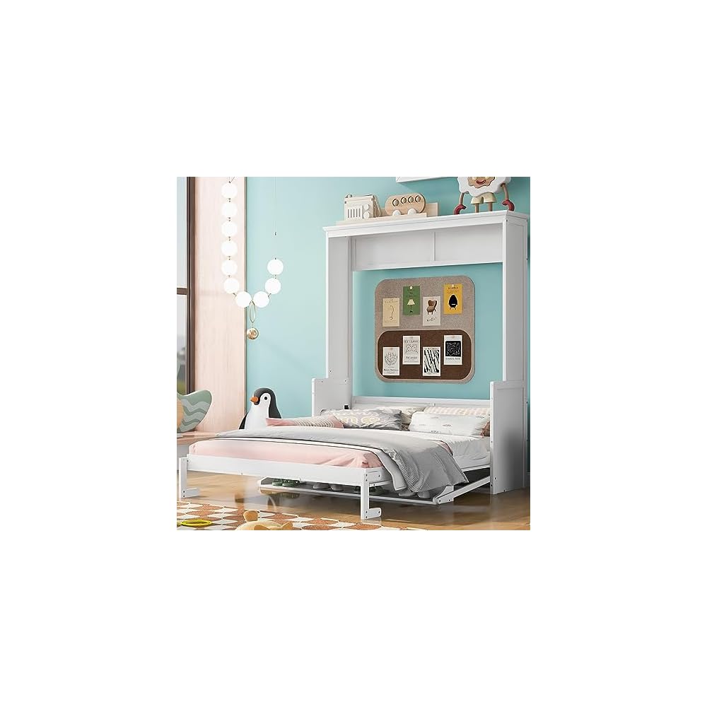 Merax Queen Size Murphy Bed Space-Saving Wooden Wall Bed with a Shelf for Guest Room,Home Office,Bedroom,White