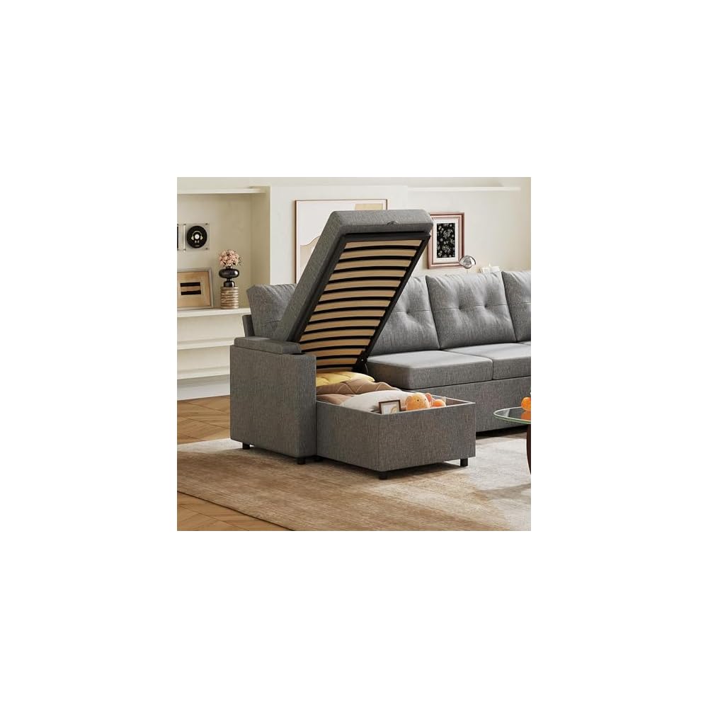 WLIVE 110'' Sectional Couches for Living Room, Pull Out Couch, U Shape 7 Seat Sleeper Sofa with Storage Chaise and Pillows, Removable Sofa Cover, Cups Holders, USB Charging Station, Grey