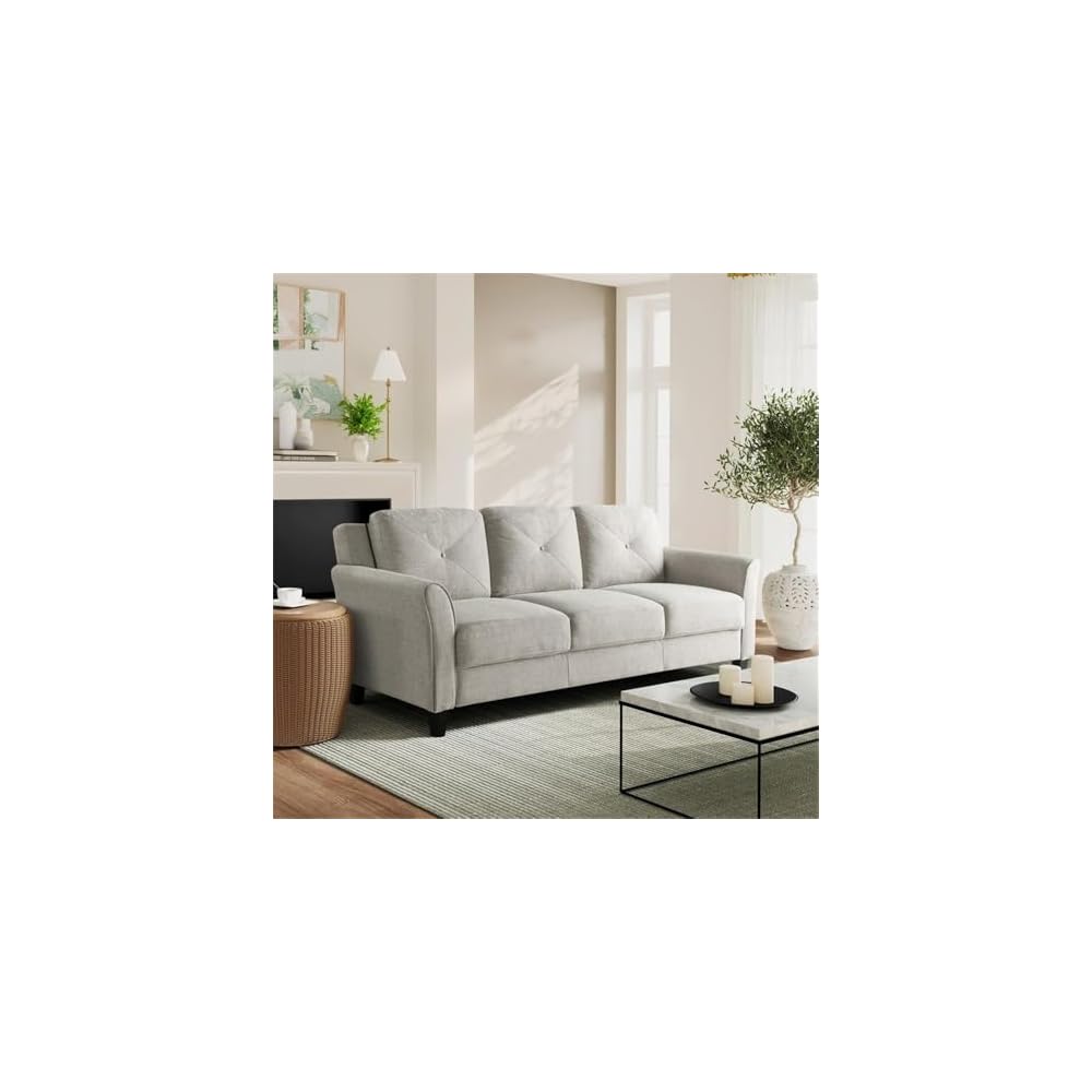 Pemberly Row Transitional 78.7" W Solid Hardwood Frame Sofa with Elegant Tufted Back Cushions in Beige Premium Fabric Upholstery