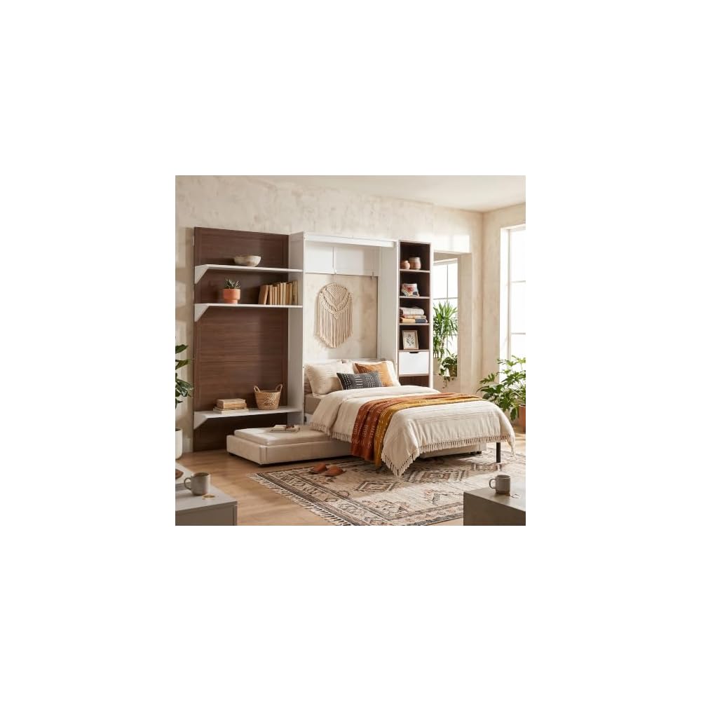 Twin Murphy Bed, with Storage Cabinet, Open Shelving & USB Port, White