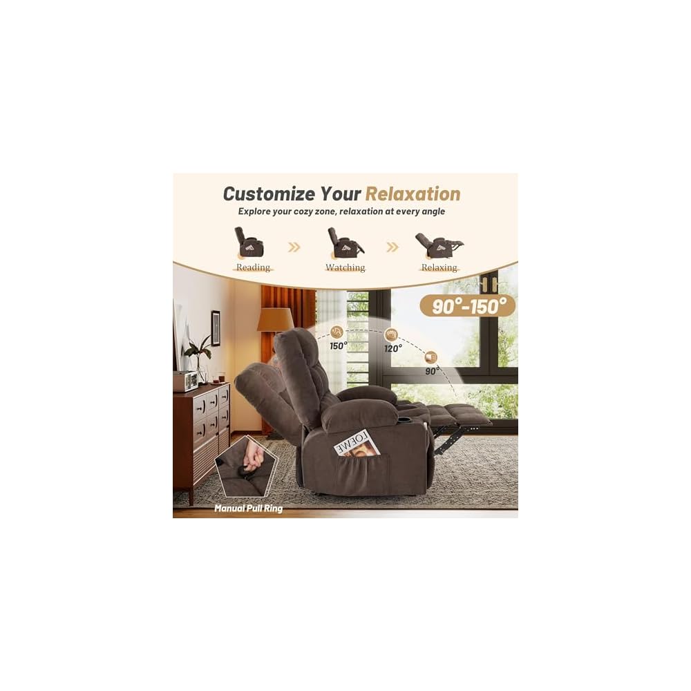 Rocker Recliner Chair with Massage and Heat, Nursery Rocking Chairs for Living Room, Comfy Relining Chair with Cup Holders, USB Charge Port, Side Pockets, Ergonomic Single Sofa, Brown
