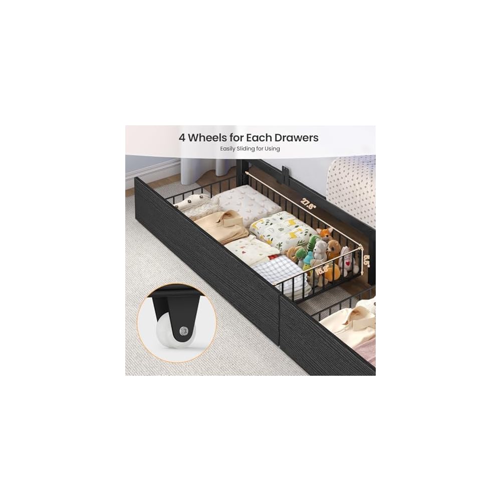 BTHFST Bunk Bed Full Over Full with Stairs, Storage Drawers and LED Lights