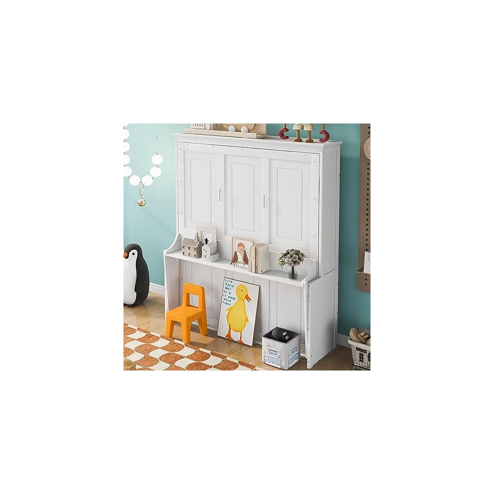 Merax Queen Size Murphy Bed Space-Saving Wooden Wall Bed with a Shelf for Guest Room,Home Office,Bedroom,White