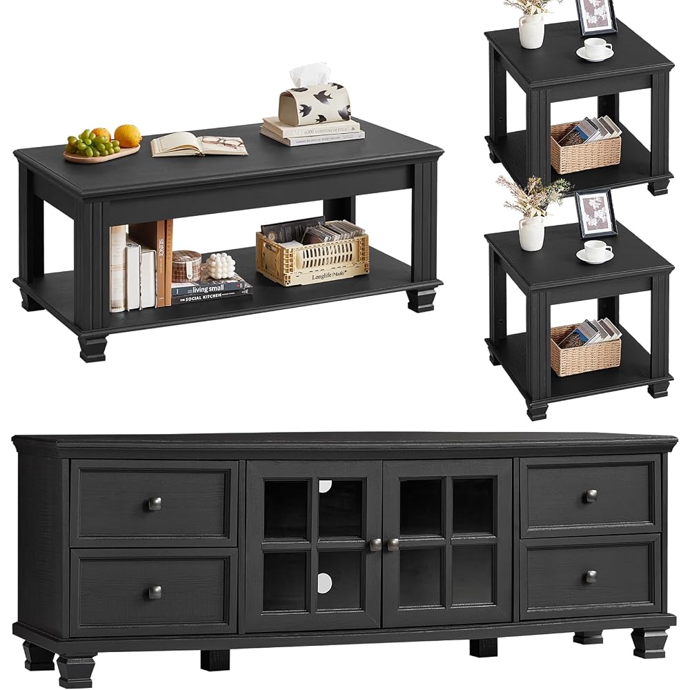 SAVOR LIFE Farmhouse TV Stand and Coffee Table Set 4 Piece, Black