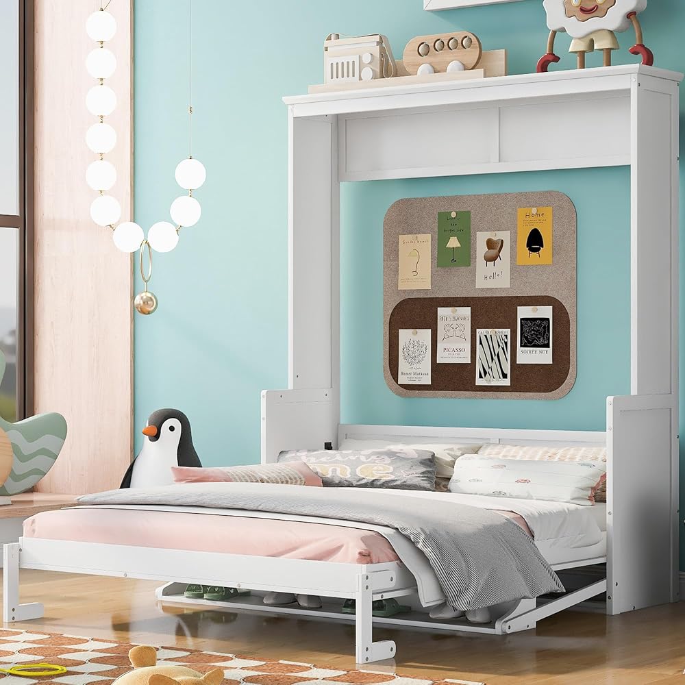 Merax Queen Size Murphy Bed Space-Saving Wooden Wall Bed with a Shelf for Guest Room,Home Office,Bedroom,White