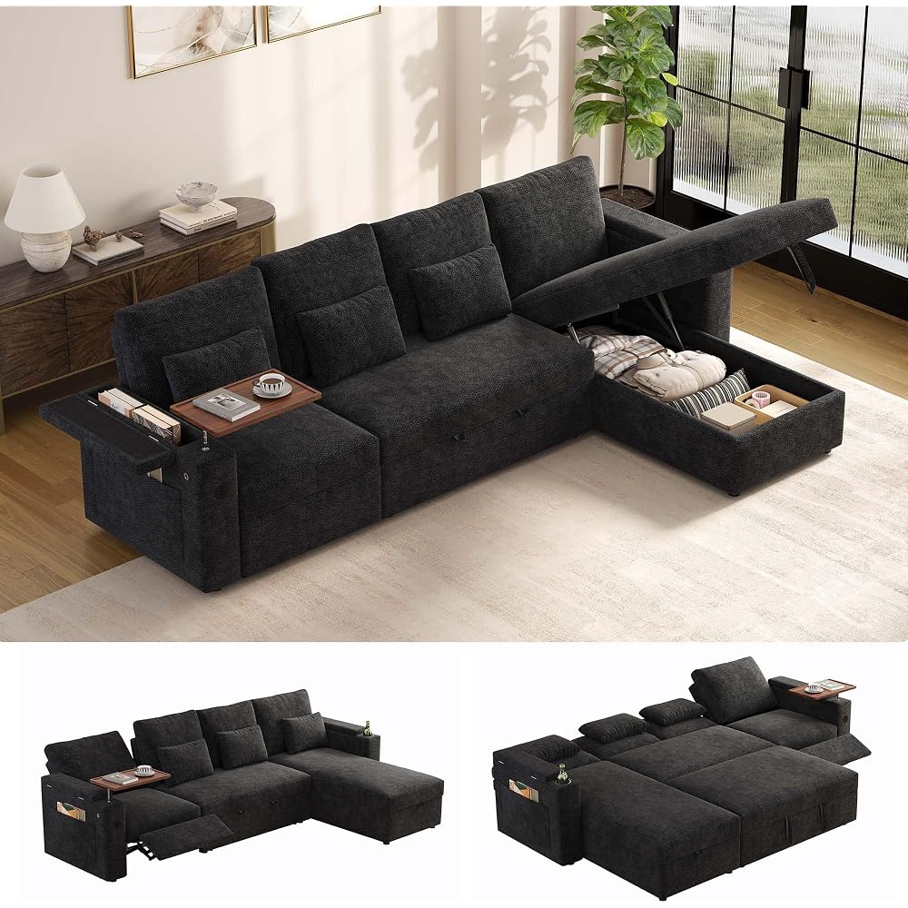 107.8'' Sleeper Sofa Bed, Recliner Pull Out Couches for Living Room, Black