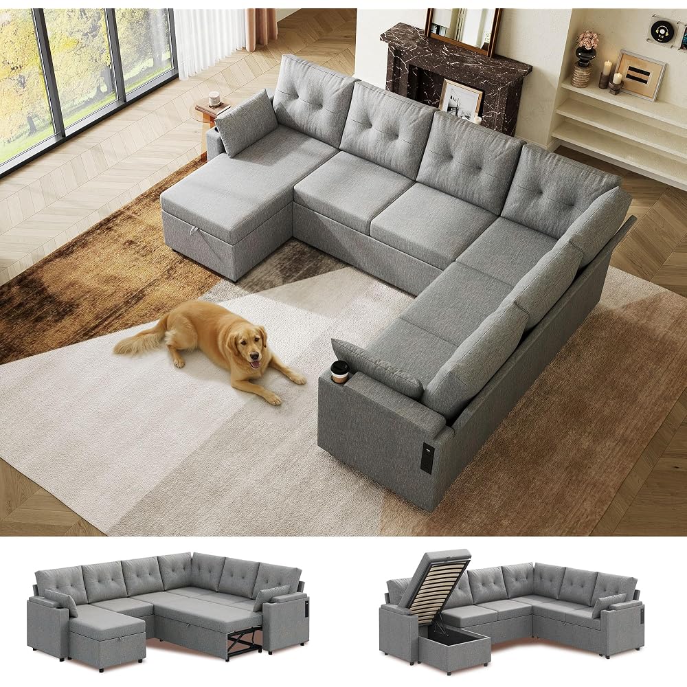 WLIVE 110'' Sectional Couches for Living Room, Pull Out Couch, U Shape 7 Seat Sleeper Sofa with Storage Chaise and Pillows, Removable Sofa Cover, Cups Holders, USB Charging Station, Grey