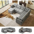 WLIVE 110'' Sectional Couches for Living Room, Pull Out Couch, U Shape 7 Seat Sleeper Sofa with Storage Chaise and Pillows, Removable Sofa Cover, Cups Holders, USB Charging Station, Grey